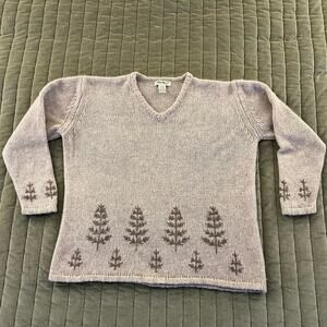 Eddie Bauer Wool Long Sleeve V Neck Sweater TREES Knit Beige/Tan XL